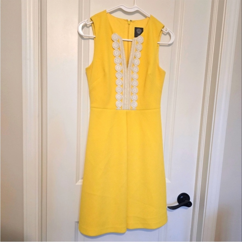 Vince Camuto Yellow Midi Dress with Lace Accents